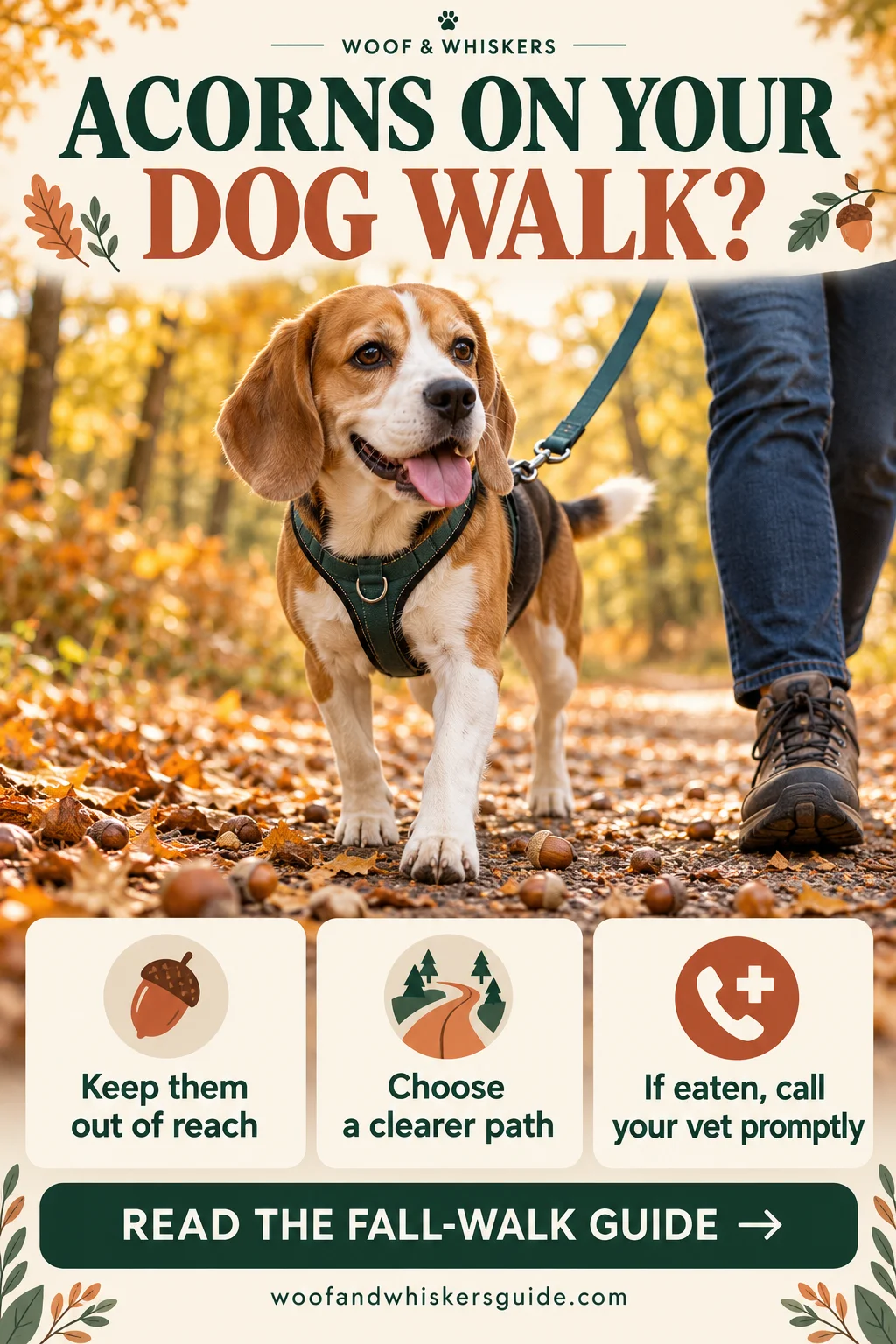 Beagle on a harness and leash beside fallen acorns, with reminders to keep acorns out of reach, choose a clearer path and contact a vet after ingestion