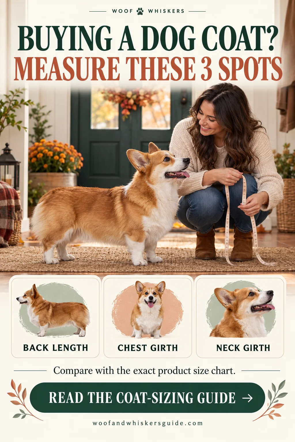 Corgi standing beside an adult holding a soft measuring tape, with cards labeled back length, chest girth and neck girth
