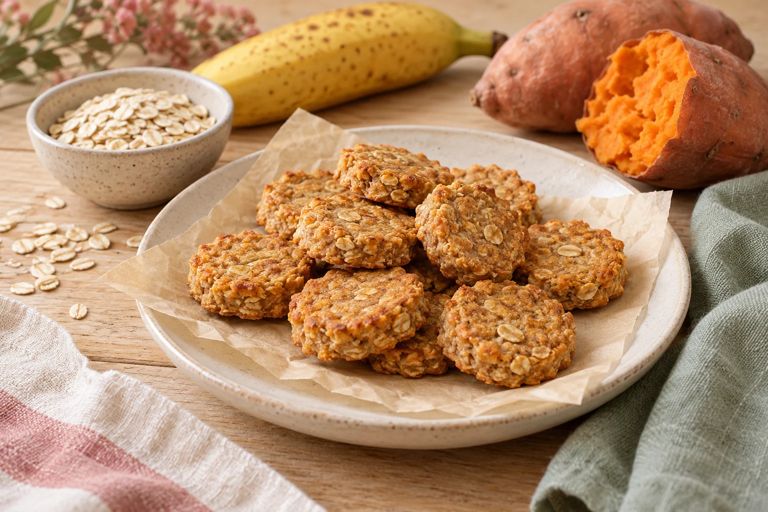 AI illustration of sweet potato, banana & oat dog biscuits