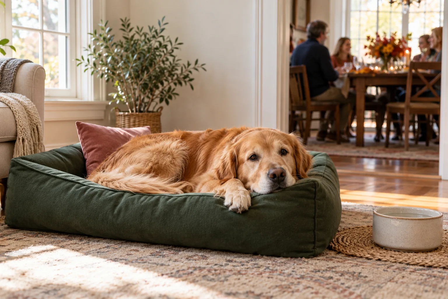 Golden Retriever resting on a green bed away from a Thanksgiving gathering
