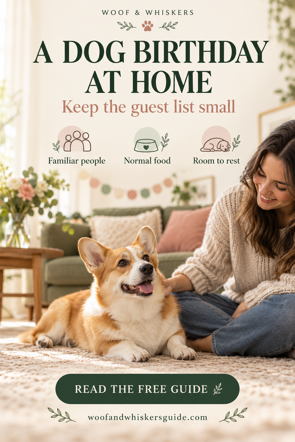 A DOG BIRTHDAY AT HOME illustrated with relaxed corgi in familiar living room with one adult and subtle paper party decoration far out of reach